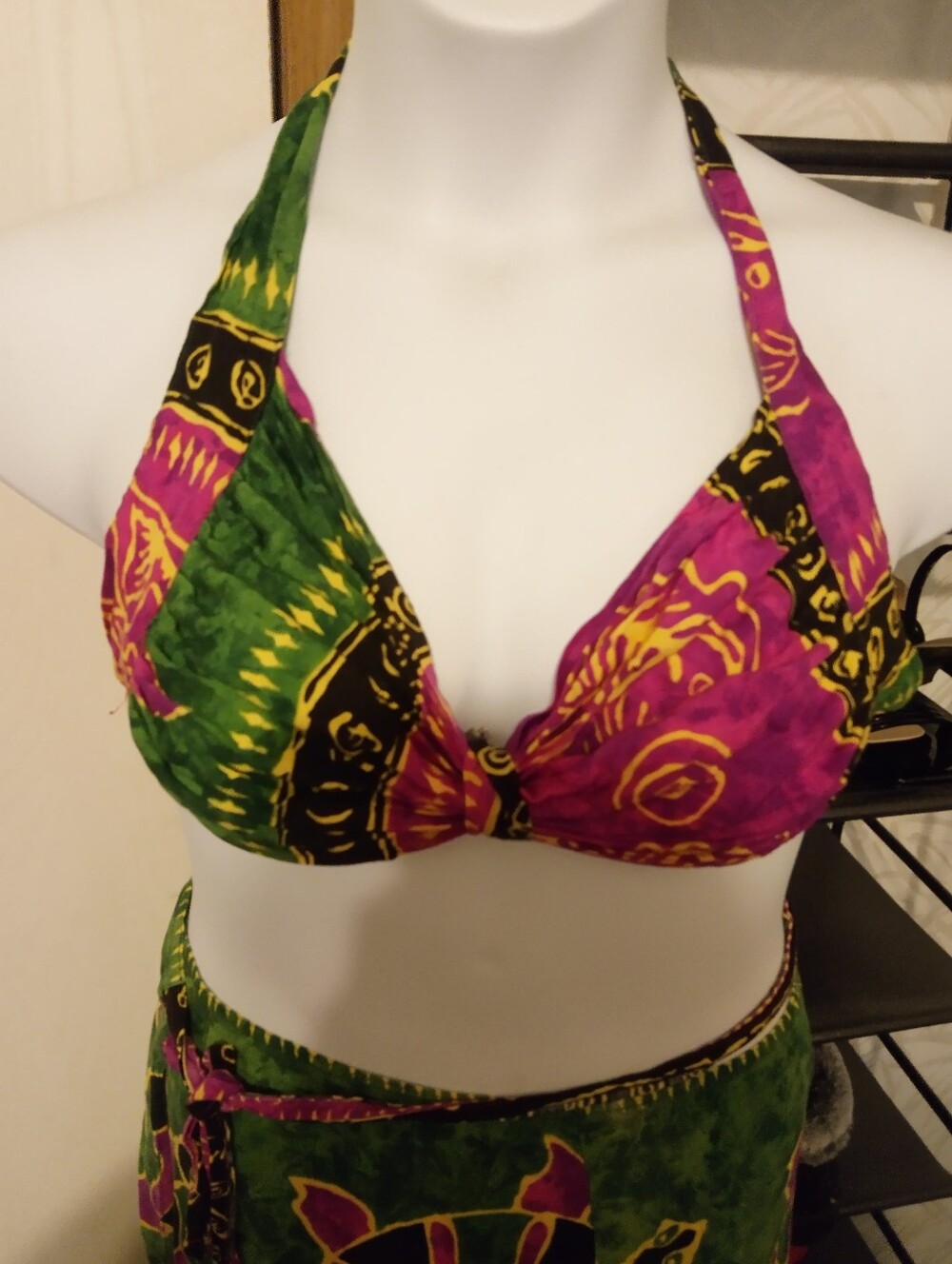 Vintage Coconut Rayon Tropical Bikini Top and Sarong Set - Green & Magenta-OS.